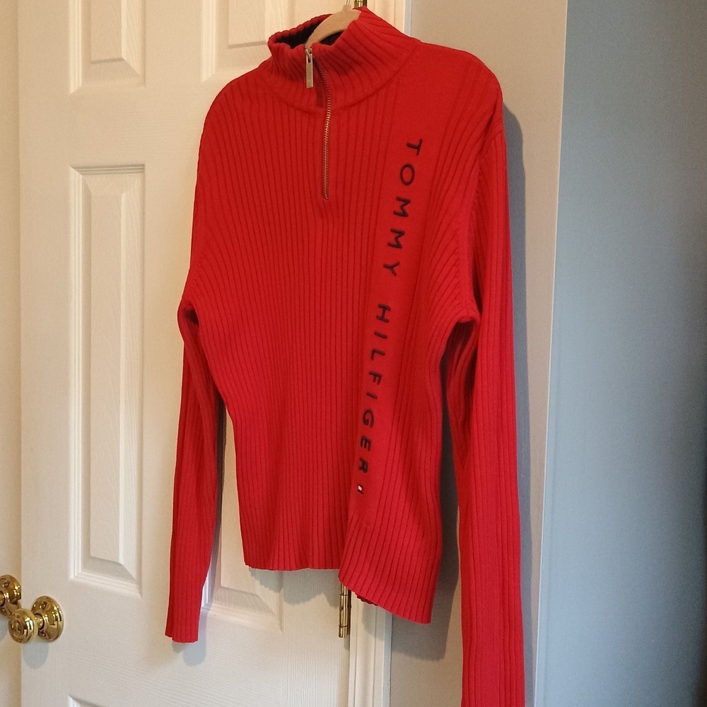 Tommy Hilfiger Spell Out Red Ribbed Knit Quarter Zip Sweater Women's XL - Picture 2 of 8